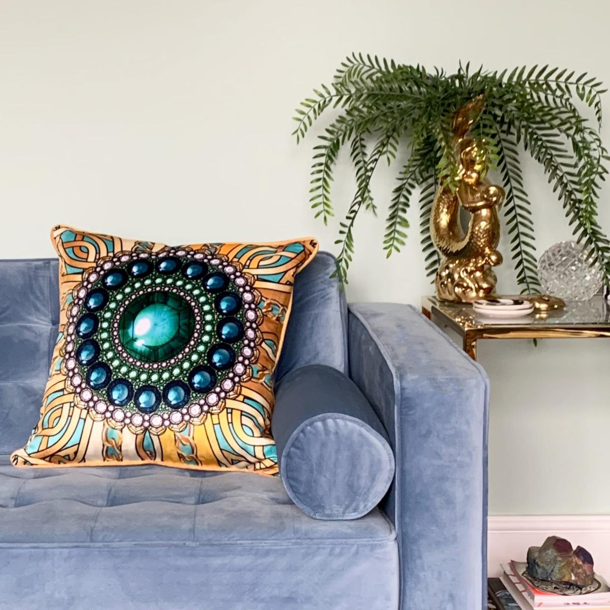 Gold / Green / Blue Zellandine's Emerald Brooch Velvet Cushion The Curious Department – image 3