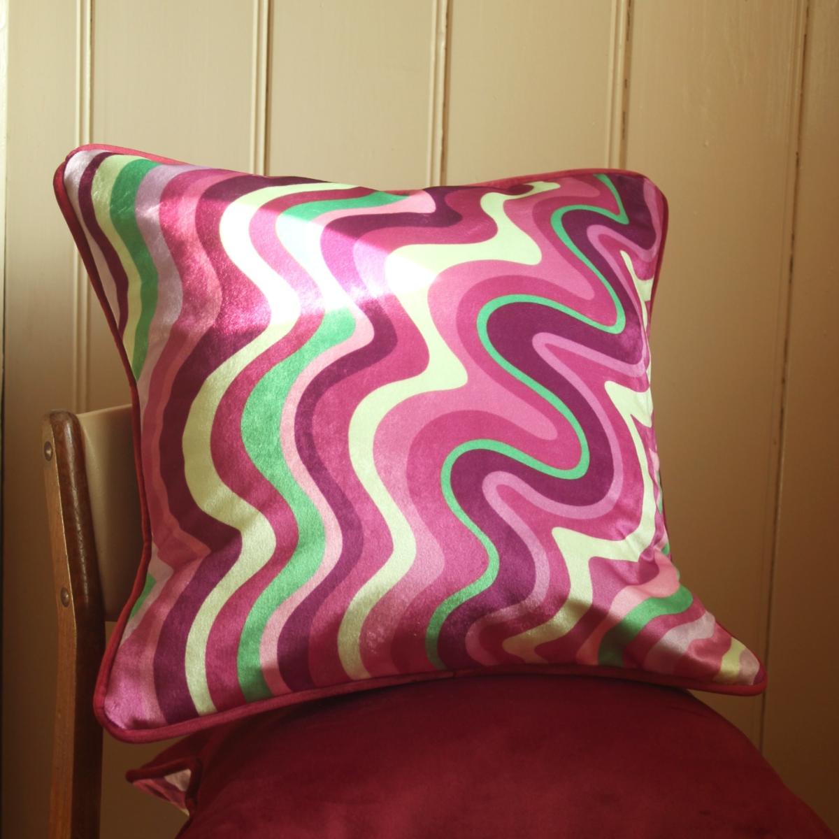Colourful Velvet Piped Cushion - Pink & Green Wavy Ellie Pearce Textiles – image 2