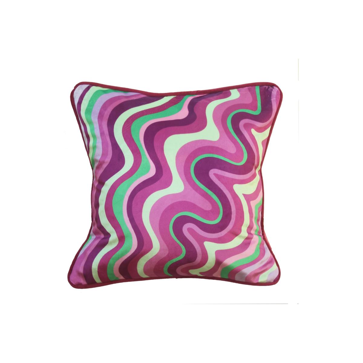 Colourful Velvet Piped Cushion - Pink & Green Wavy Ellie Pearce Textiles – image 1