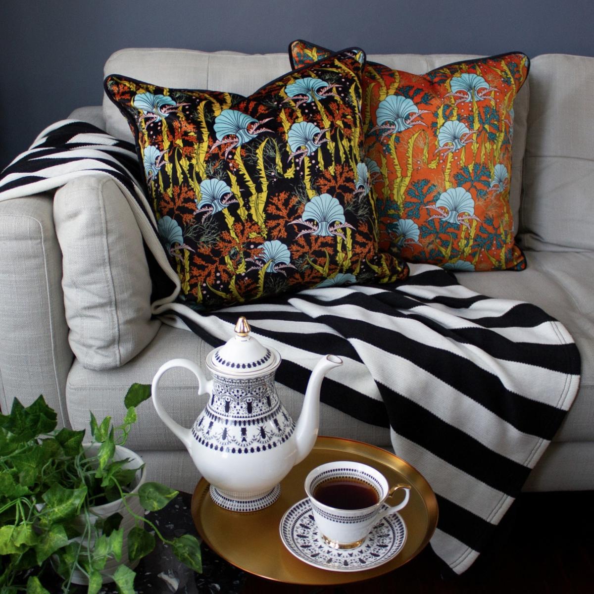 Yellow / Orange Coral Odyssey Black Velvet Cushion The Curious Department – image 2