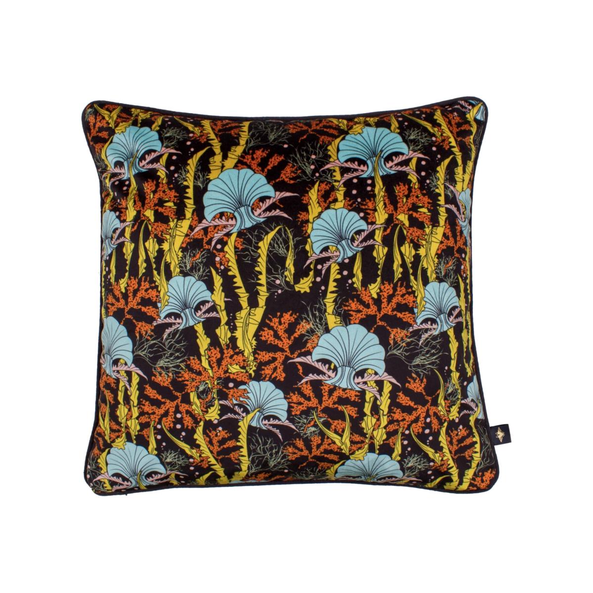 Yellow / Orange Coral Odyssey Black Velvet Cushion The Curious Department – image 1