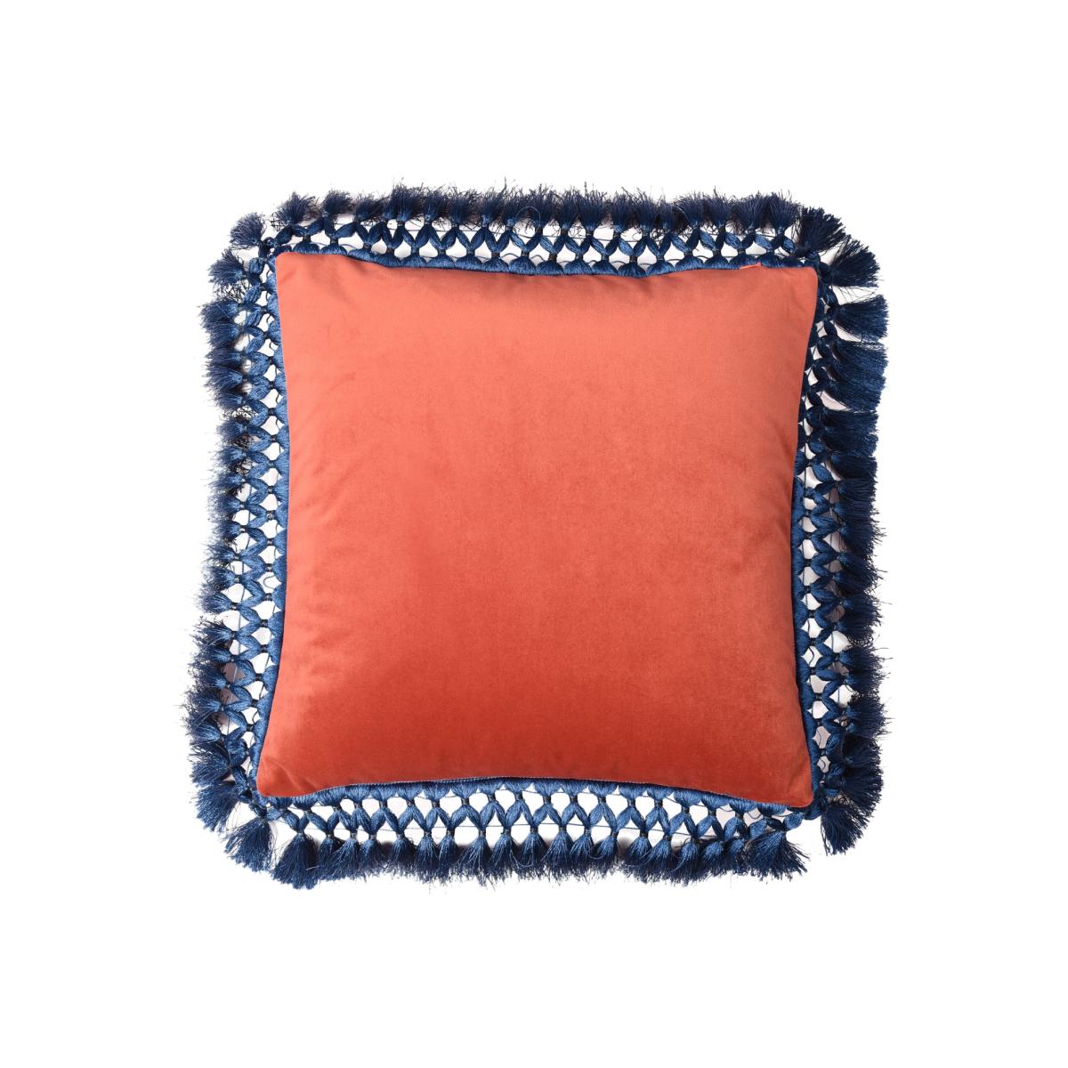 Ruby & Blush Oriental Velvet Cushion With Blue Fringe Bivain