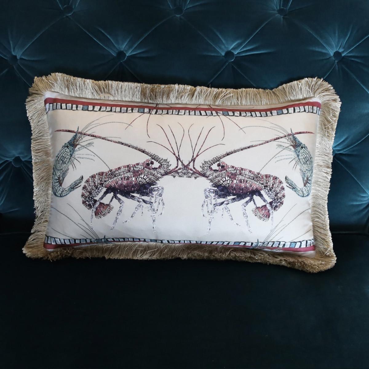 Lobster And Prawn Mosaic Silk Cushion - Beige Cassandra Hone – image 2