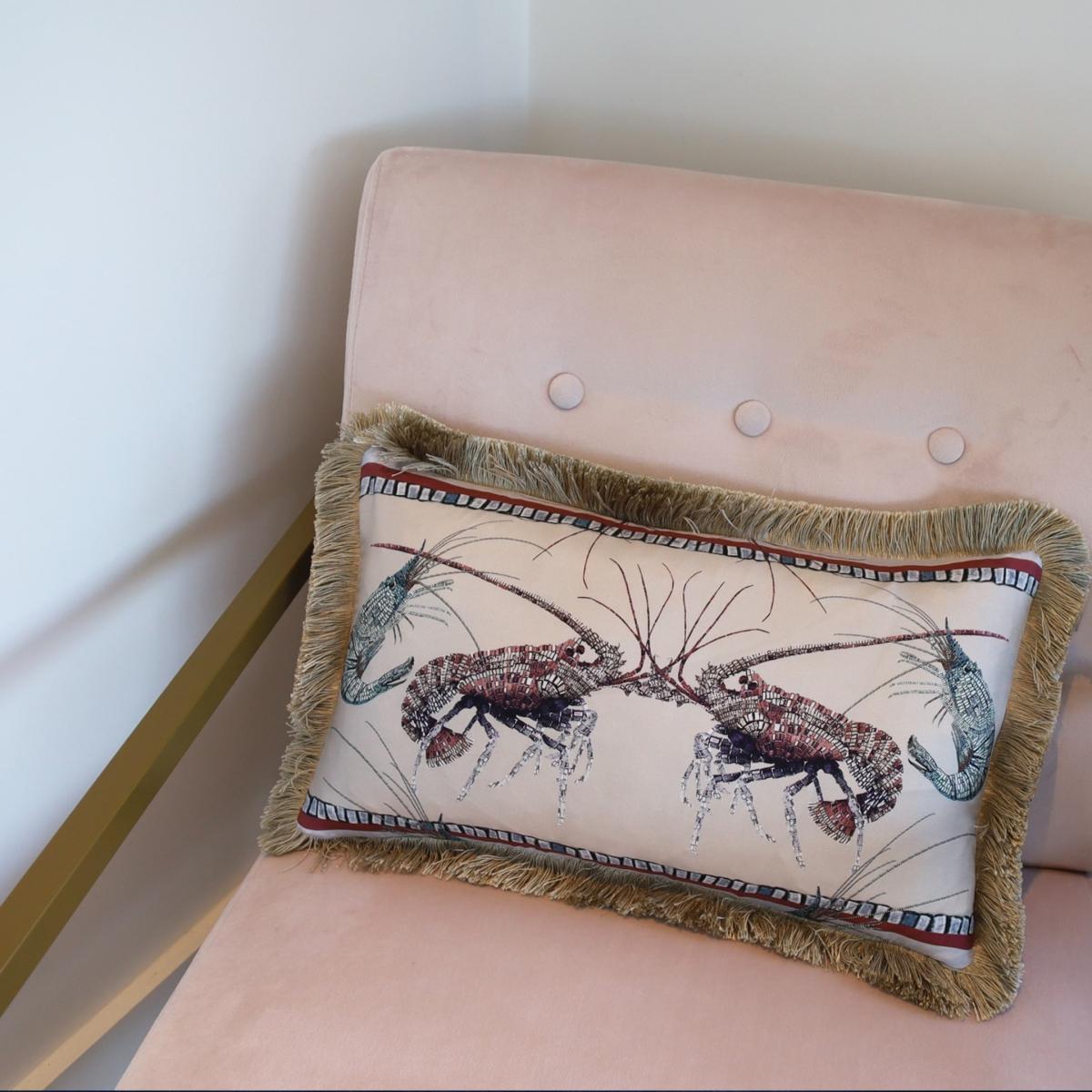 Lobster And Prawn Mosaic Silk Cushion - Beige Cassandra Hone – image 5