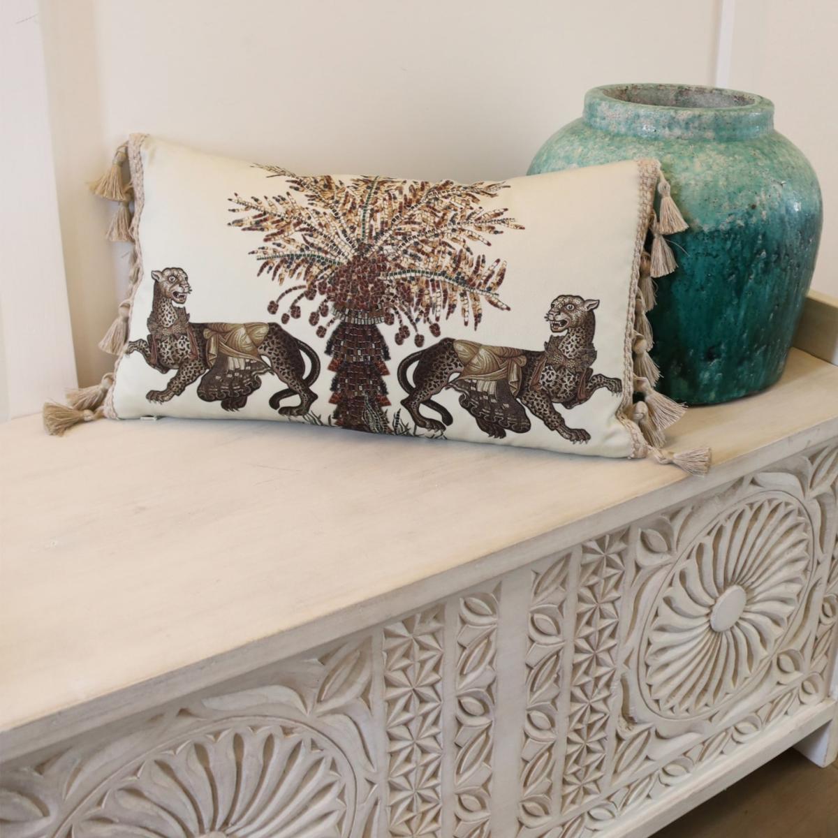 Leopard And Palm Cotton Cushion With Linen Tassel Fringe Cassandra Hone – image 3