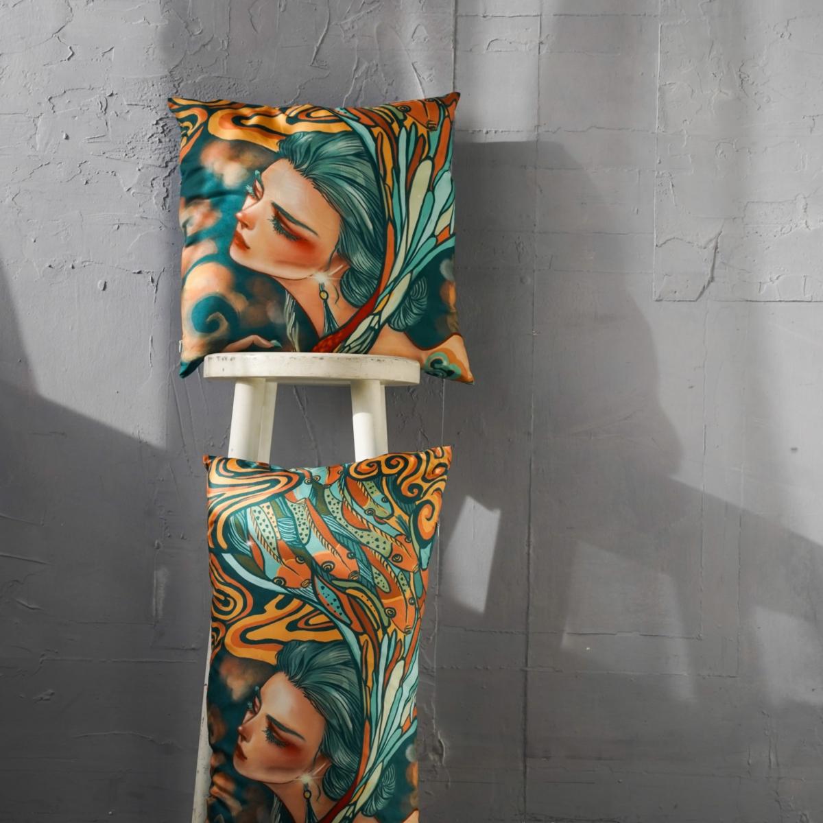 Blue Girl Print Silk Cushion Set Of Two Sukiw Design – image 5
