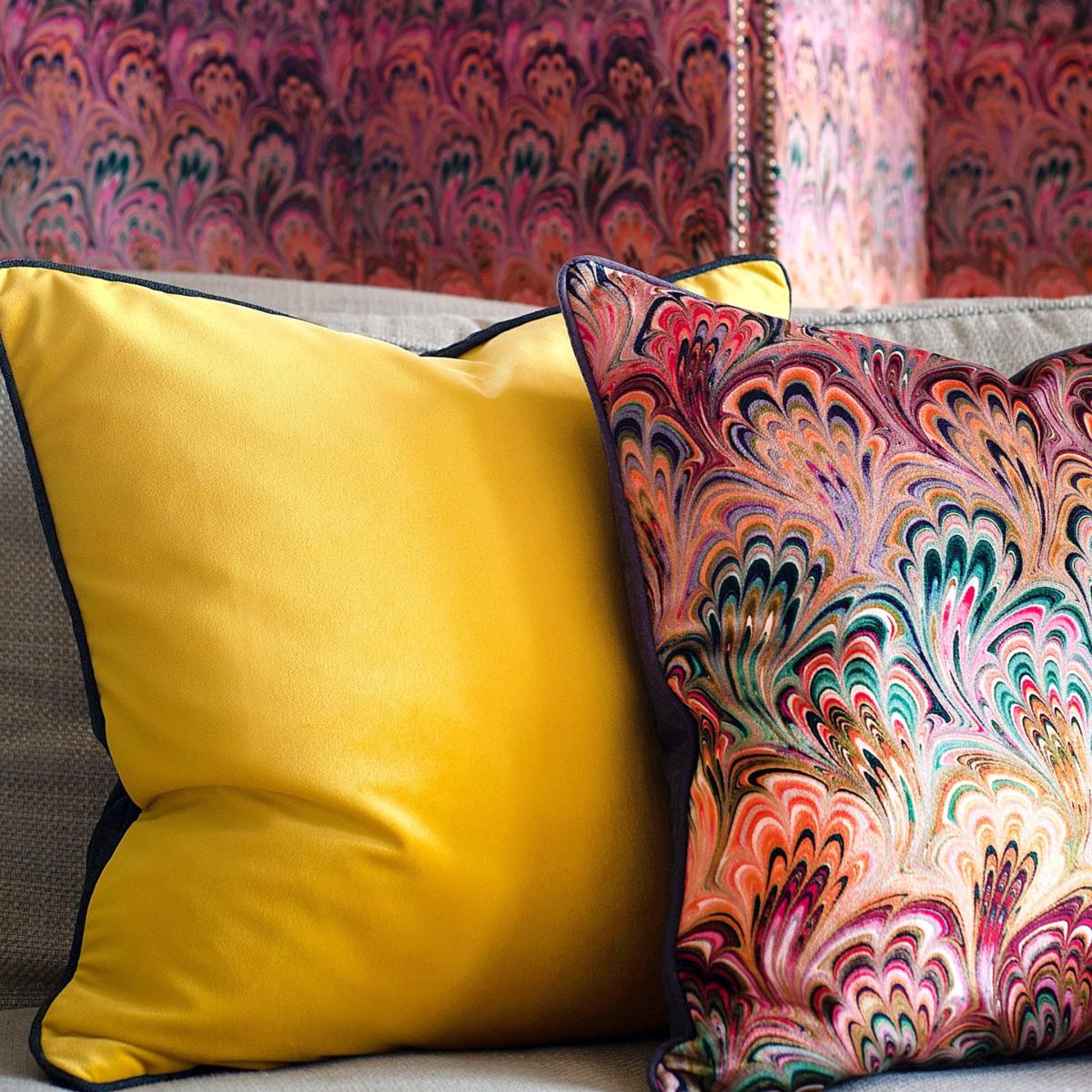 Yellow / Orange / Black Chartreuse Yellow Velvet Cushion Susi Bellamy – image 2