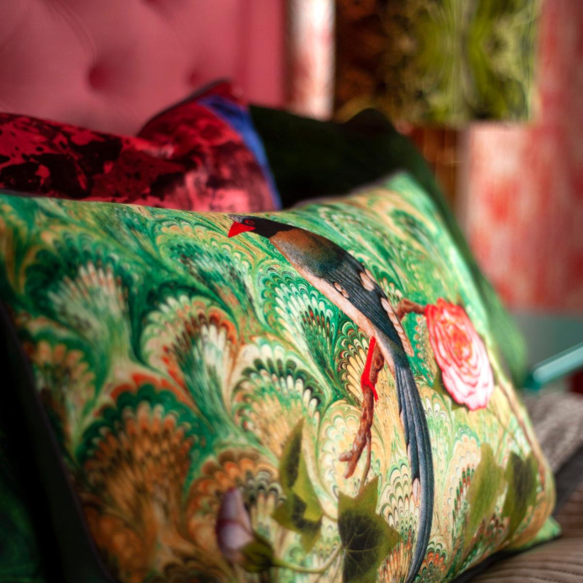 Grey / Pink / Purple Bird & Rose Velvet Cushion Susi Bellamy – image 2