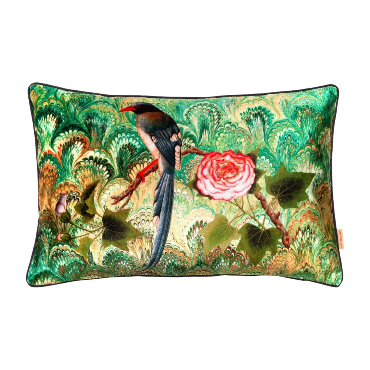 Grey / Pink / Purple Bird & Rose Velvet Cushion Susi Bellamy – image 1