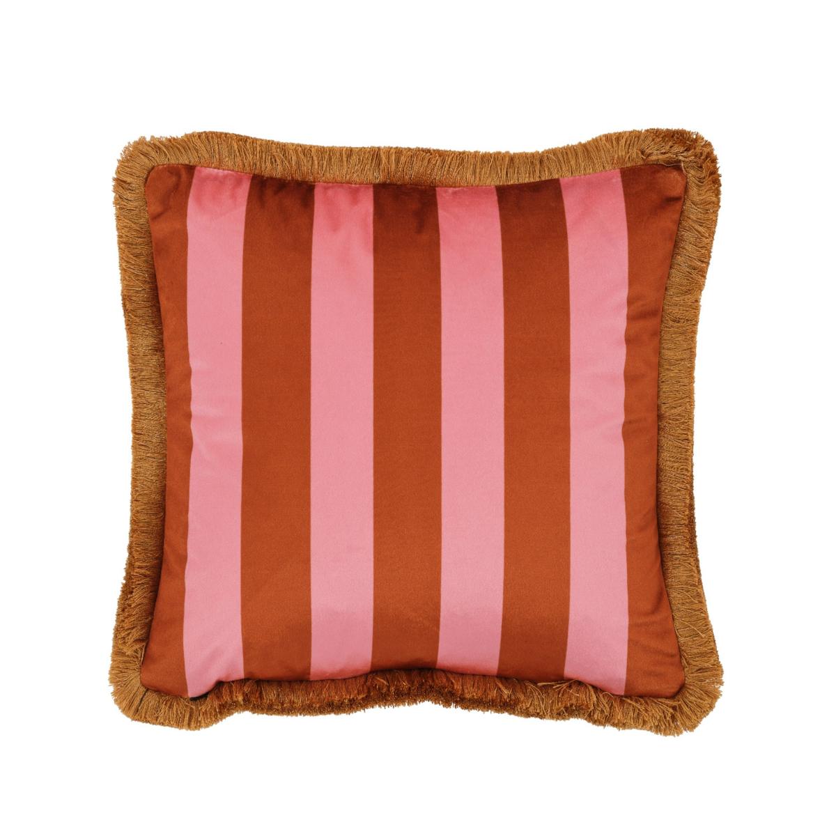 Yellow / Orange Trapeze Girl & Stripes Fringe Velvet Cushion Burnt Orange Melody Rose London – image 2