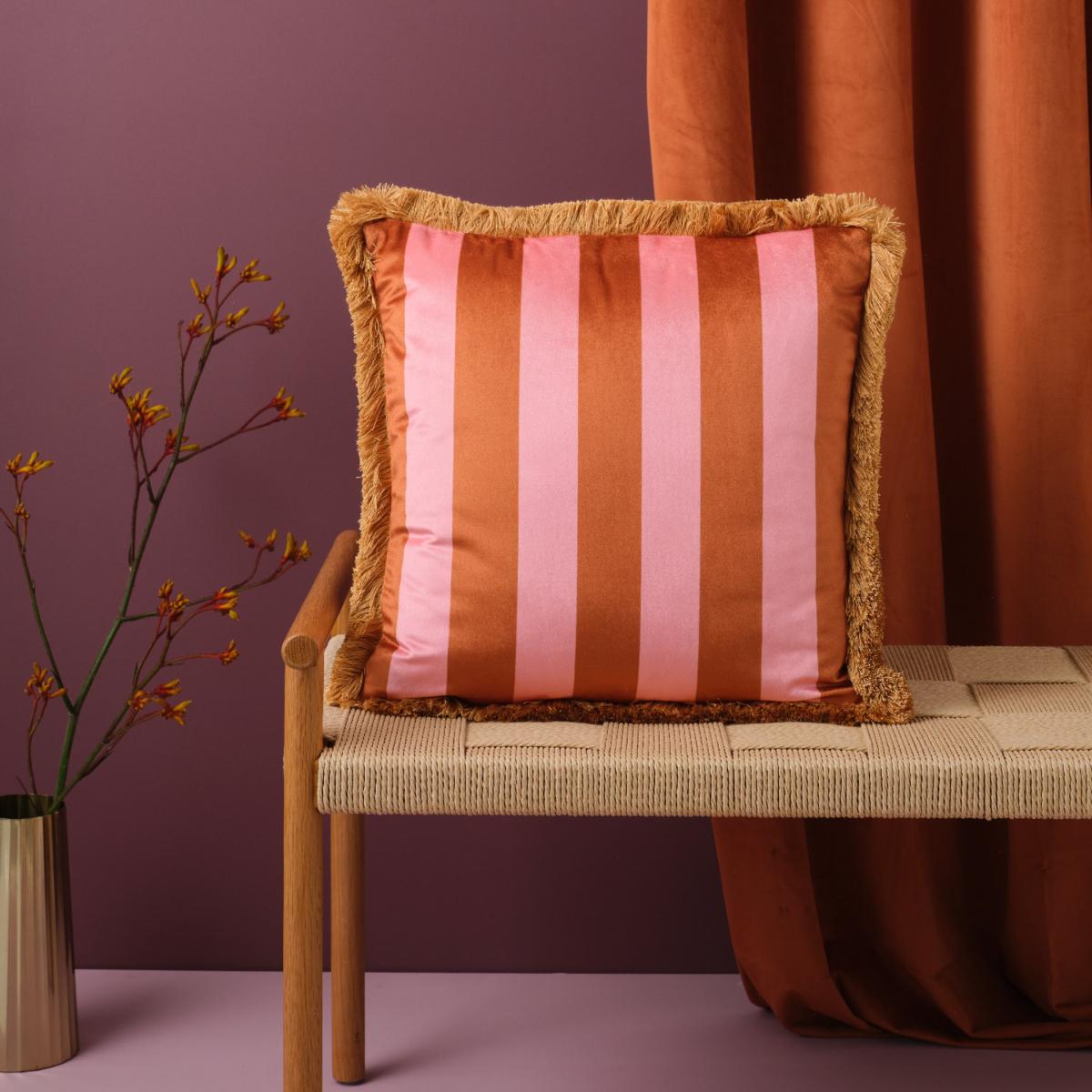 Yellow / Orange Trapeze Girl & Stripes Fringe Velvet Cushion Burnt Orange Melody Rose London – image 3