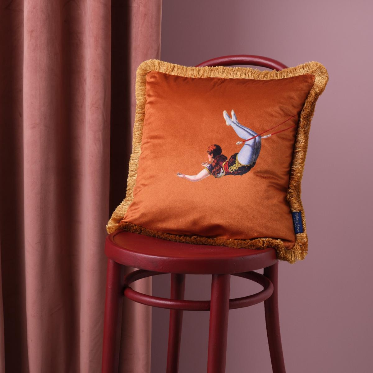 Yellow / Orange Trapeze Girl & Stripes Fringe Velvet Cushion Burnt Orange Melody Rose London – image 4