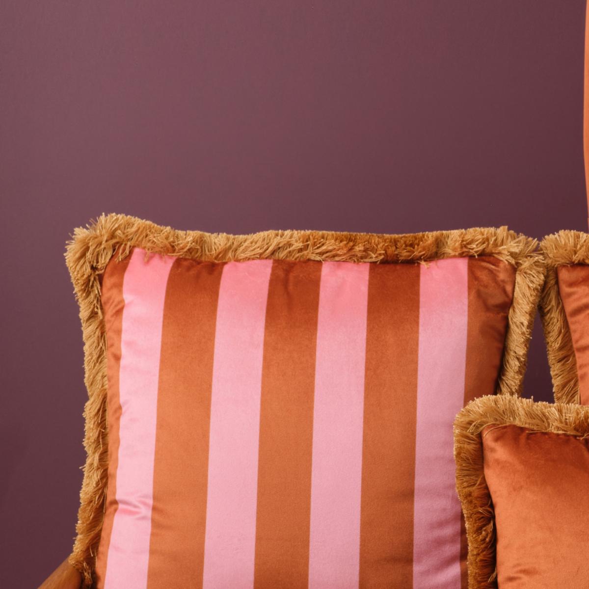Yellow / Orange Trapeze Girl & Stripes Fringe Velvet Cushion Burnt Orange Melody Rose London – image 5