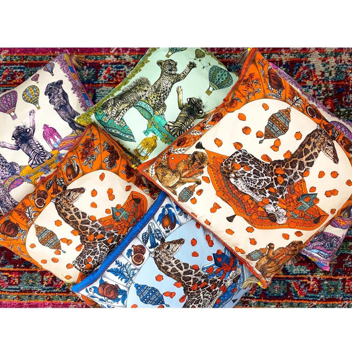 The Magic Giraffe Silk Cushion Blue Ilona Tambor – image 4