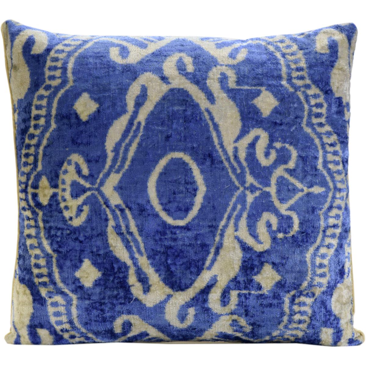 Hand-Woven Silk Velvet Ikat Cushion - Royal Blue And Cream Teapot One Size Anor Living – image 2