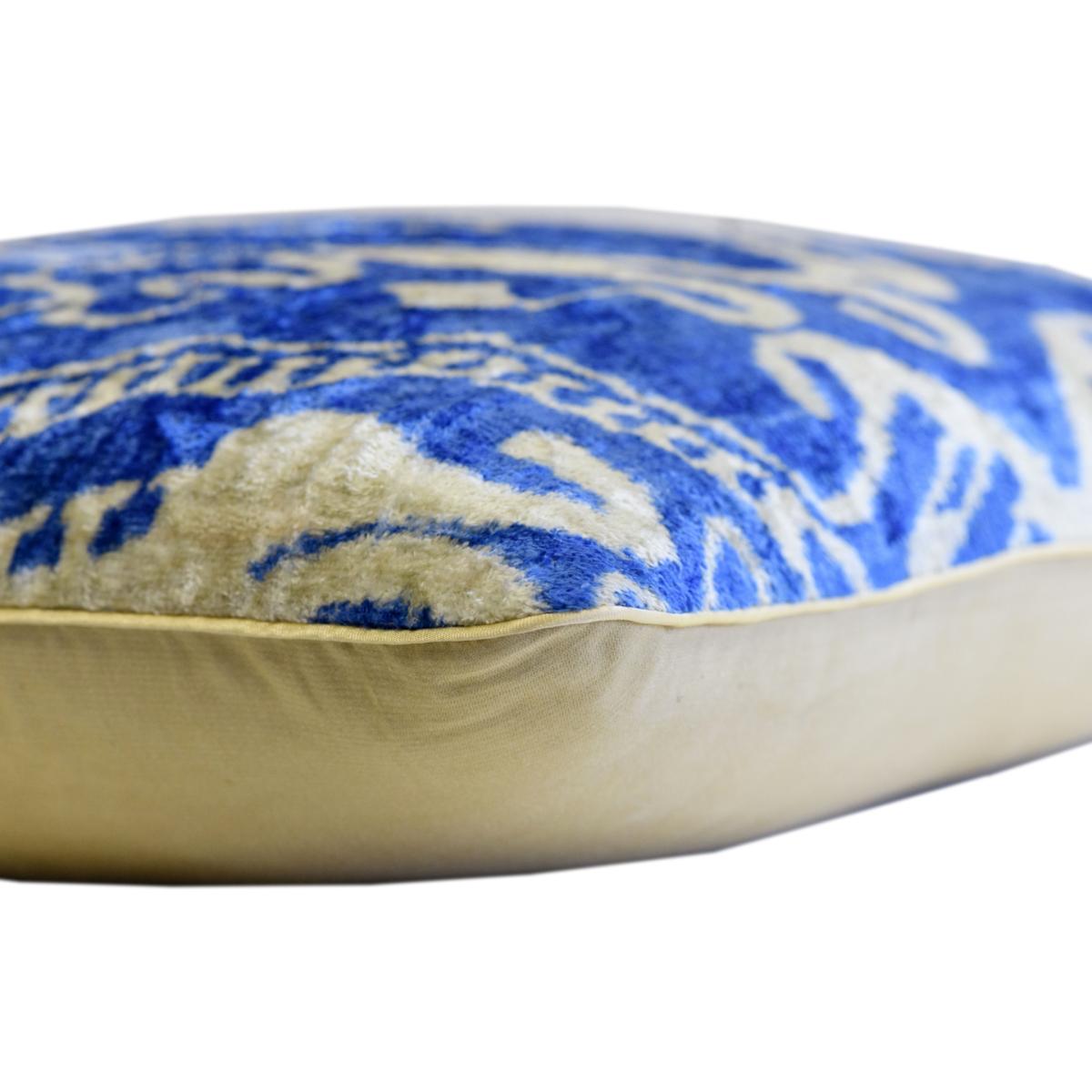 Hand-Woven Silk Velvet Ikat Cushion - Royal Blue And Cream Teapot One Size Anor Living – image 4