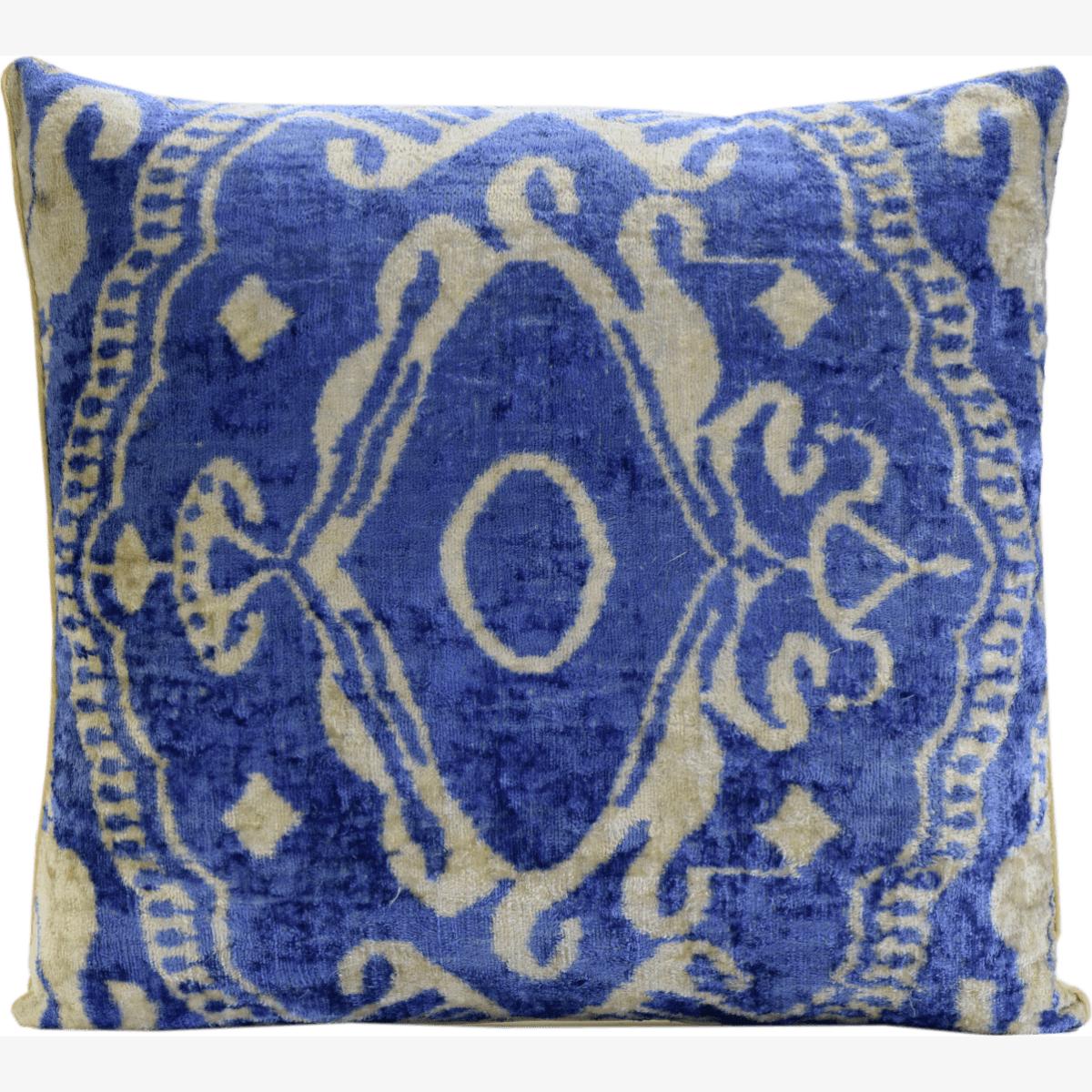 Hand-Woven Silk Velvet Ikat Cushion - Royal Blue And Cream Teapot One Size Anor Living – image 1