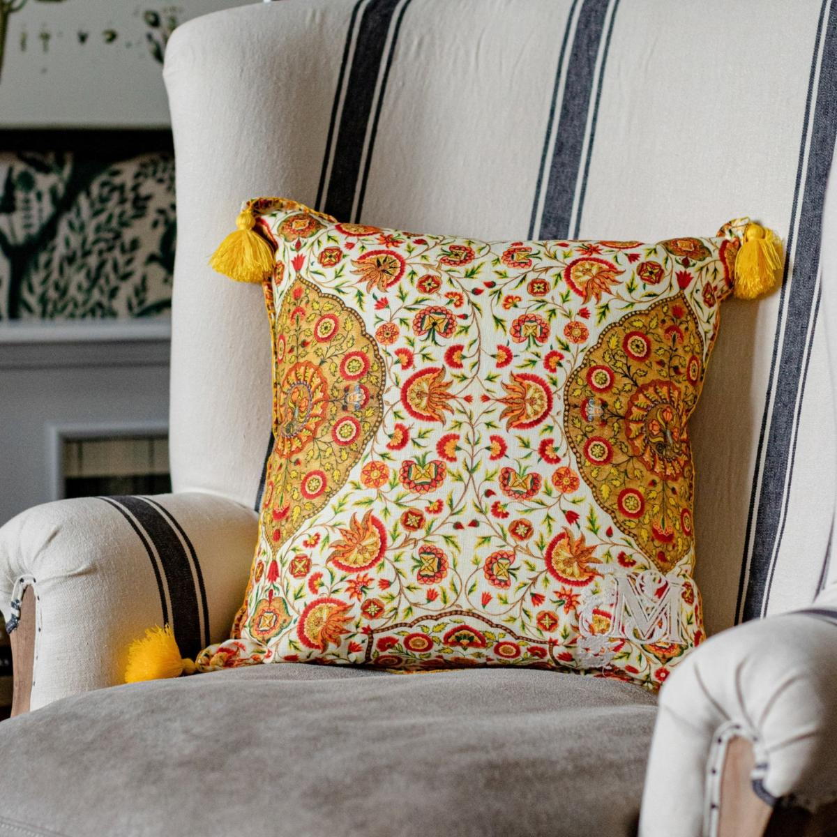 White / Green / Yellow Csardas Linen Cushion By Mindthegap – image 2