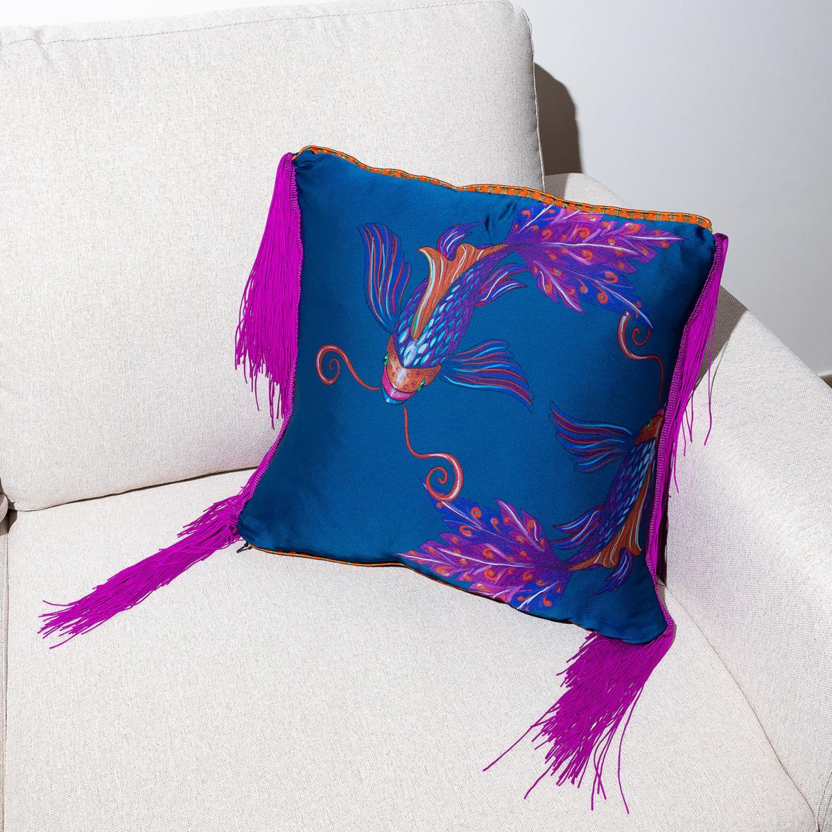 Blue / Pink / Purple Side Pink Fringe Koi Fish Print Satin Cushion One Size Janara Jones – image 2