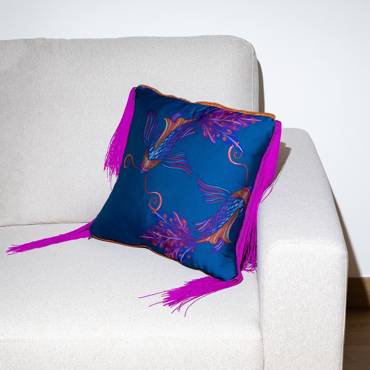 Blue / Pink / Purple Side Pink Fringe Koi Fish Print Satin Cushion One Size Janara Jones – image 3