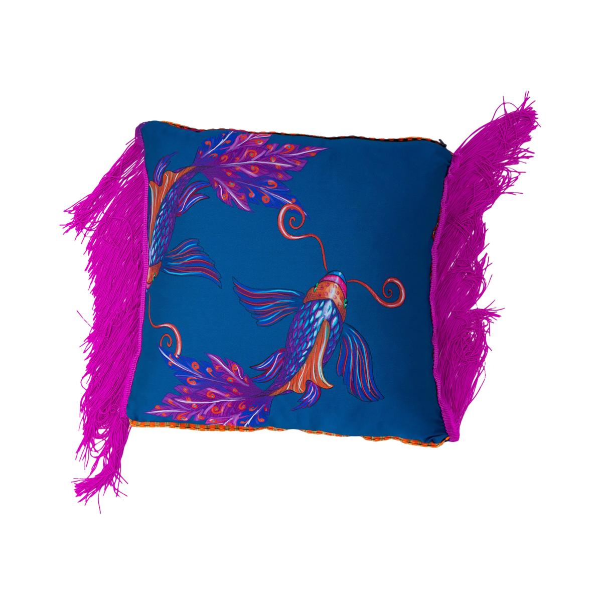 Blue / Pink / Purple Side Pink Fringe Koi Fish Print Satin Cushion One Size Janara Jones – image 1