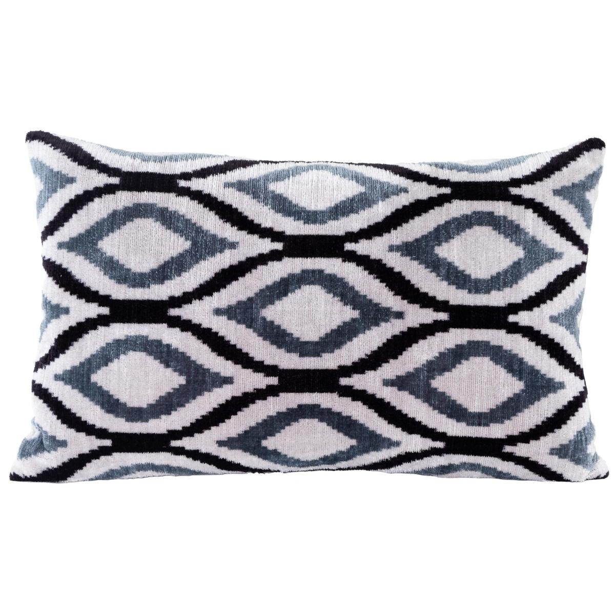Grey Hand-Woven Silk Velvet Ikat Cushion - Silver, Blue Diamonds One Size Anor Living – image 2