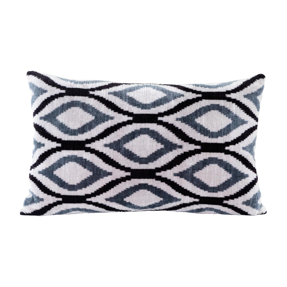Grey Hand-Woven Silk Velvet Ikat Cushion - Silver, Blue Diamonds One Size Anor Living – image 1
