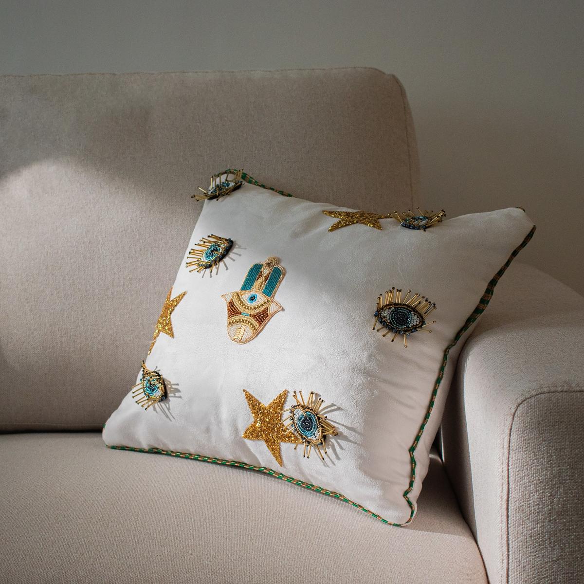 White / Gold White Suede Ramadan Decorative Cushion With Hamsa And Gold Beaded Evil Eye And Gold Stars One Size Janara Jones – image 2