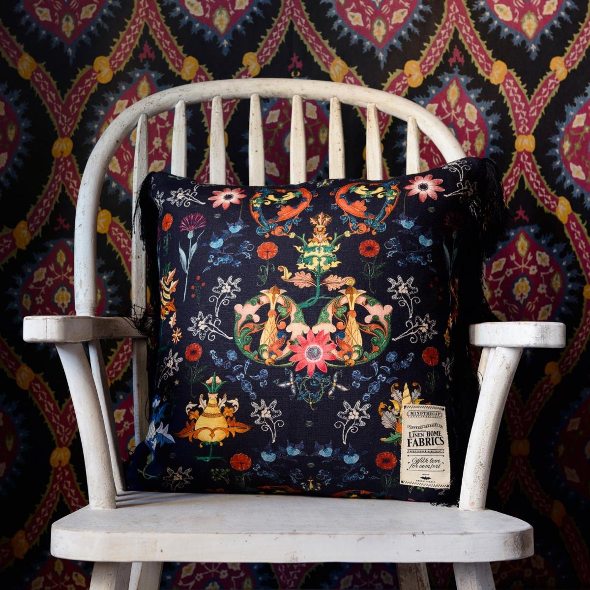 Blue / Yellow / Orange Transylvania Folk Linen Square Cushion By Minthegap Mindthegap – image 2