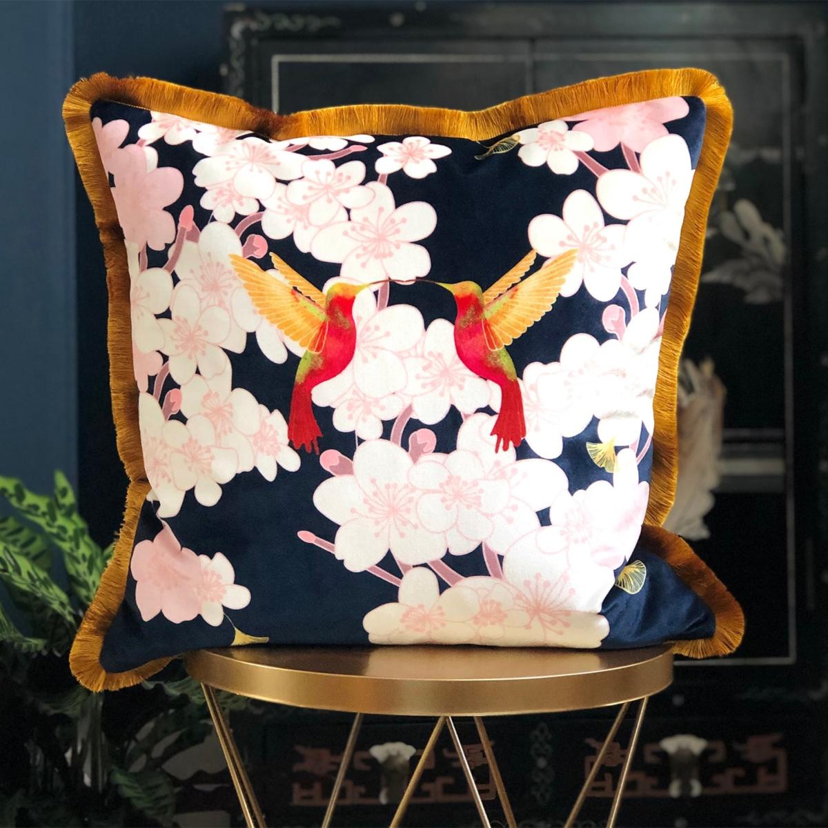 Hummingbirds & Blossom Velvet Cushion Amanda West – image 2