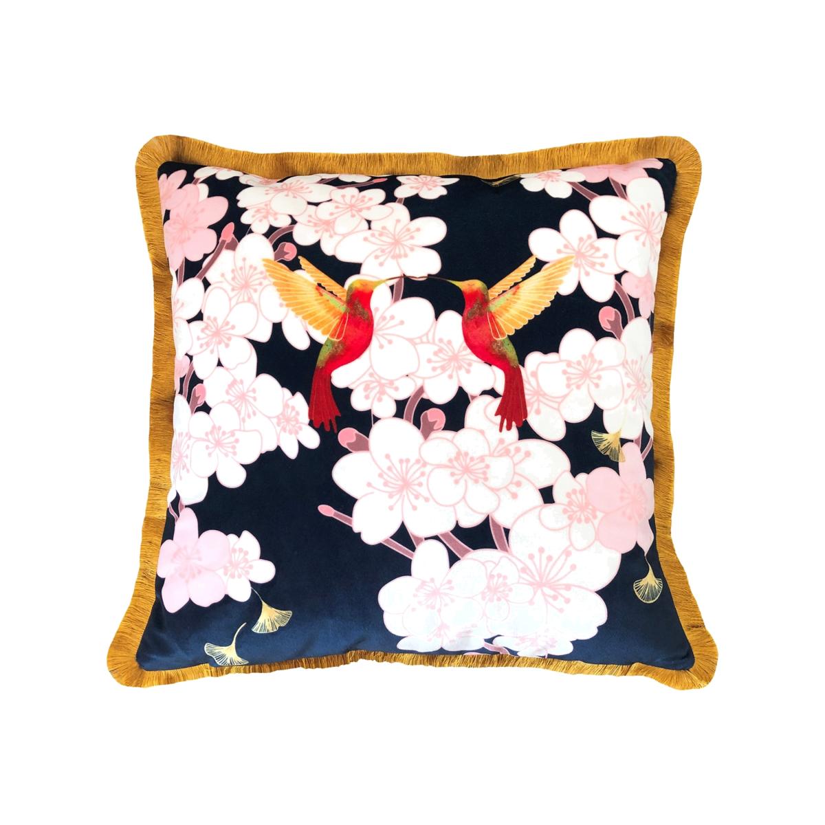 Hummingbirds & Blossom Velvet Cushion Amanda West – image 1
