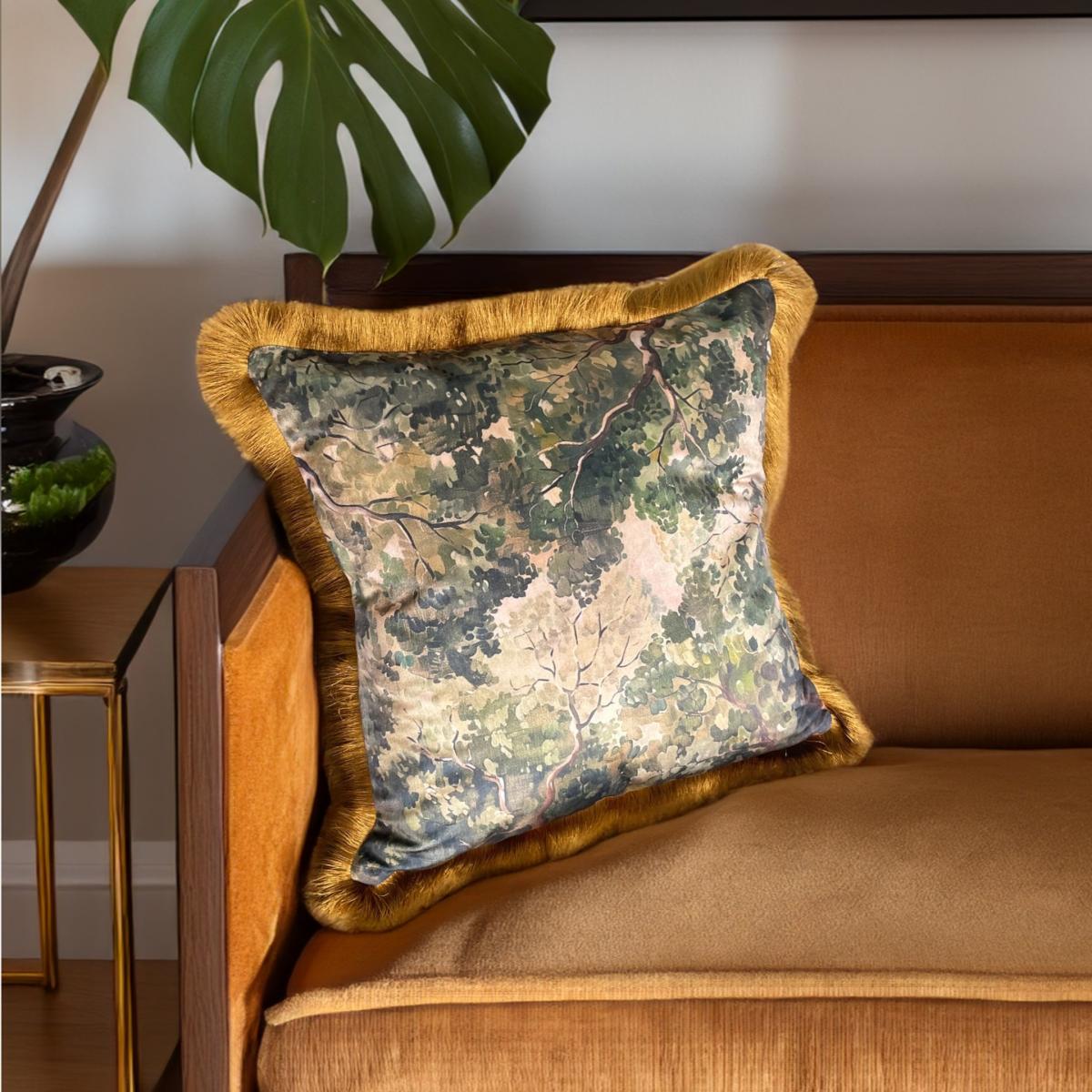 Gold / Green / Brown Canopy Daydream Fringed Velvet Cushion The Curious Department – image 2