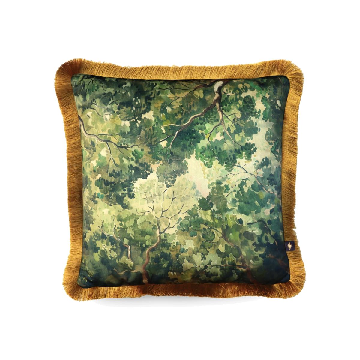 Gold / Green / Brown Canopy Daydream Fringed Velvet Cushion The Curious Department – image 1