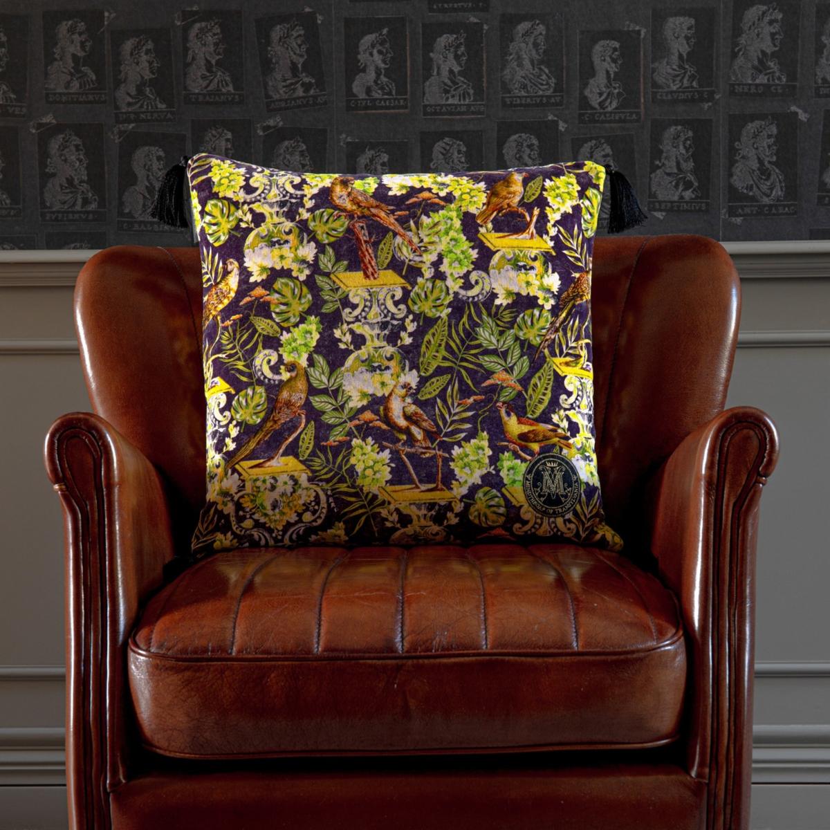 Yellow / Orange / Green La Voliere Velvet Square Cushion By Mindthegap – image 2