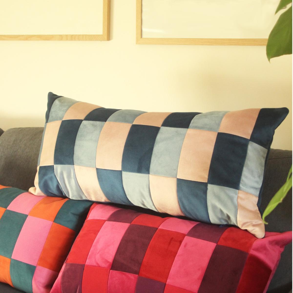 Blue Rectangular Large Velvet Checked Cushion - Navy & Dusk Pink Ellie Pearce Textiles – image 2