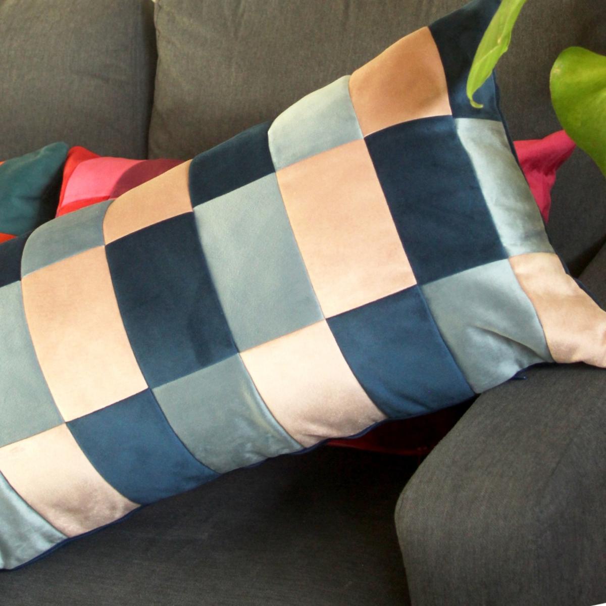 Blue Rectangular Large Velvet Checked Cushion - Navy & Dusk Pink Ellie Pearce Textiles – image 3