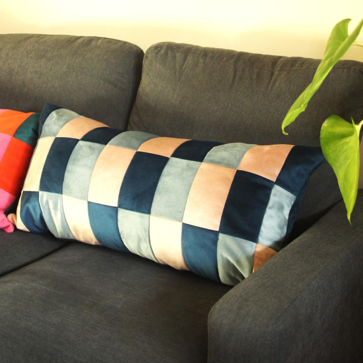 Blue Rectangular Large Velvet Checked Cushion - Navy & Dusk Pink Ellie Pearce Textiles – image 6