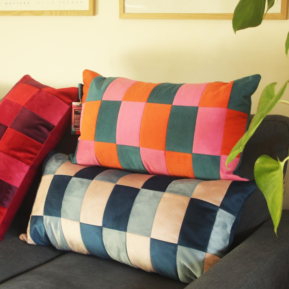Blue Rectangular Large Velvet Checked Cushion - Navy & Dusk Pink Ellie Pearce Textiles – image 7