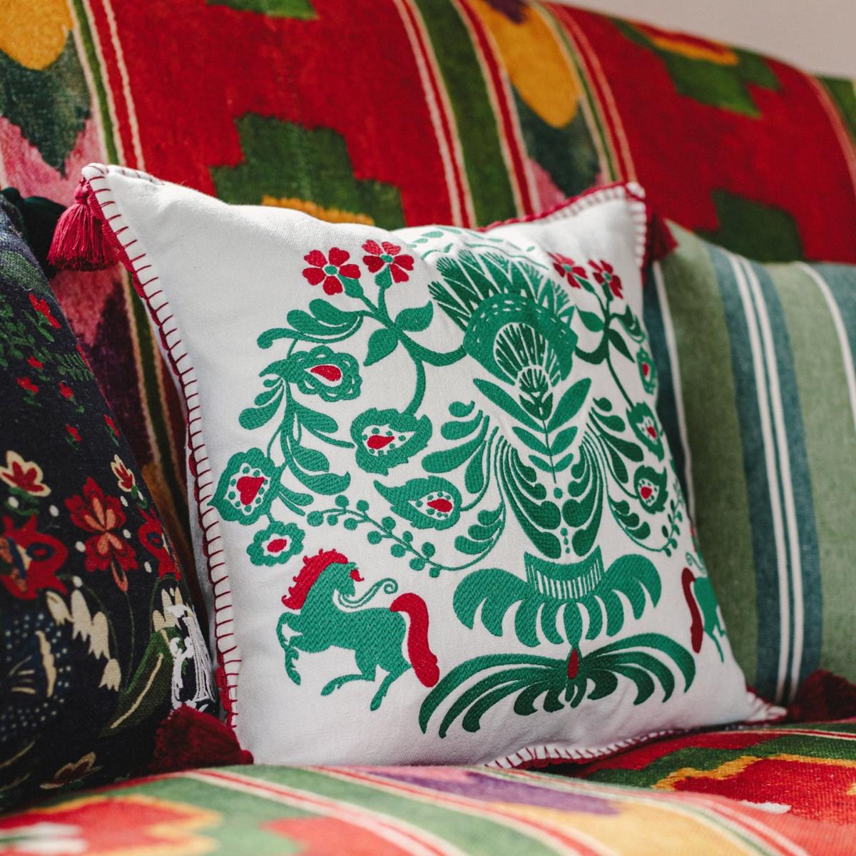 Green / White / Red Horse Parade Linen Cushion By Mindthegap – image 3