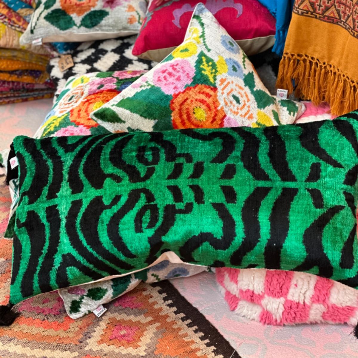 Emerald Green Velvet Ikat Bolster Cushion Punica – image 2