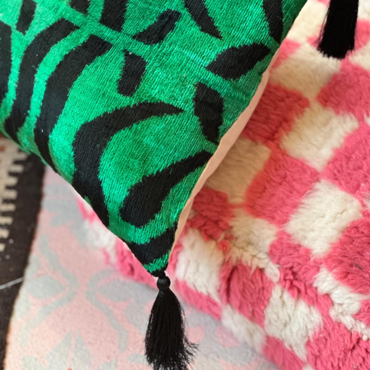 Emerald Green Velvet Ikat Bolster Cushion Punica – image 3