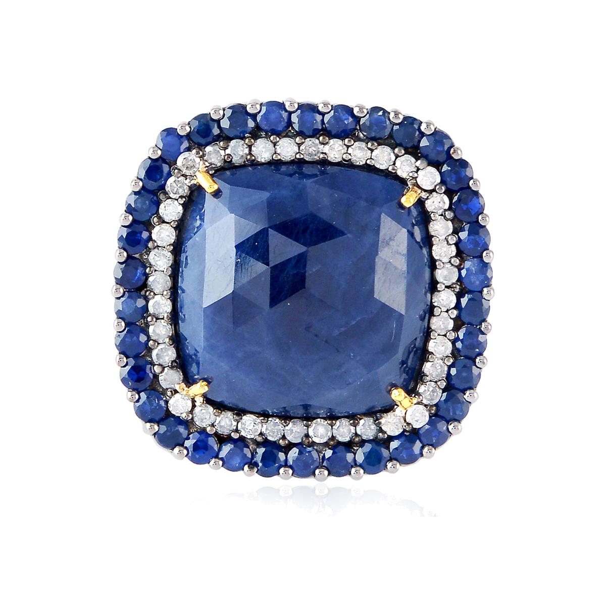 Women's Blue / Gold 925 Silver & 18K Gold In Cushion Cut Blue Sapphire With Diamond Cocktail Ring Artisan