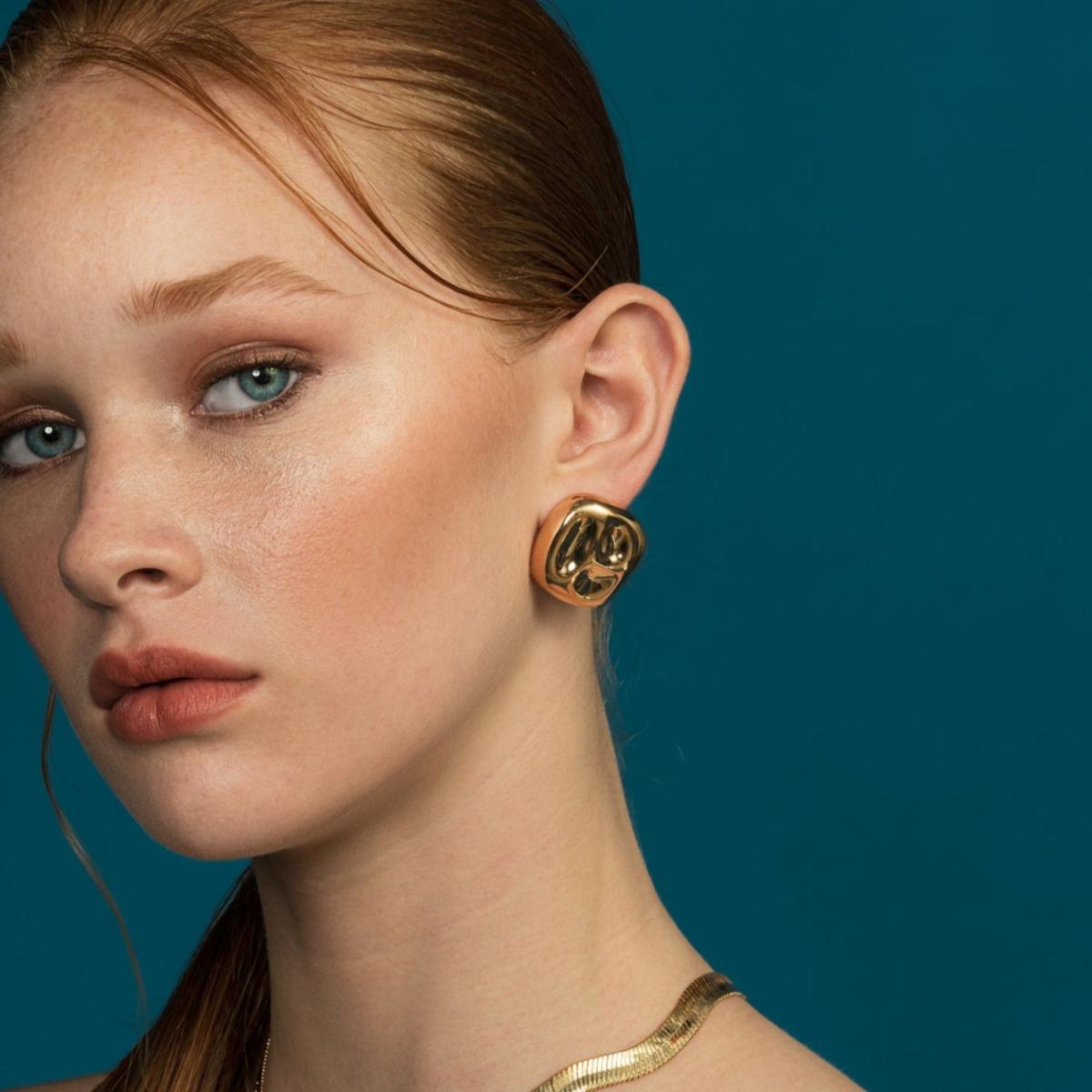 Women's Gold Textured Oversized Cushion Shape Earrings | Shymi – image 2