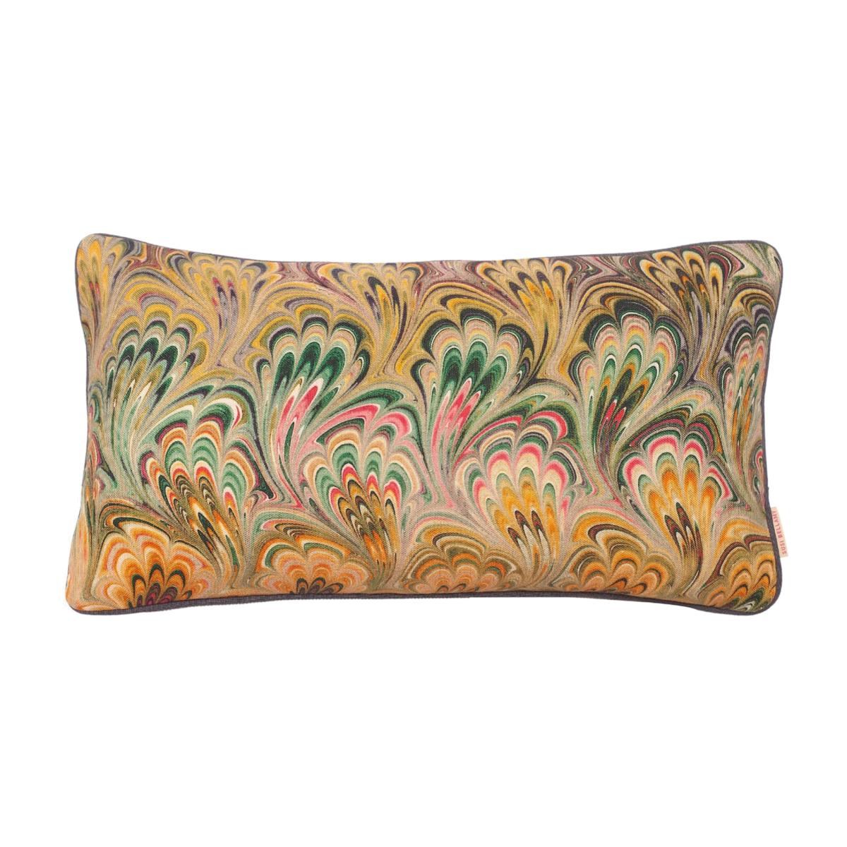 Green / Black / Grey Peacock Bouquet Linen Oblong Cushion Susi Bellamy – image 1