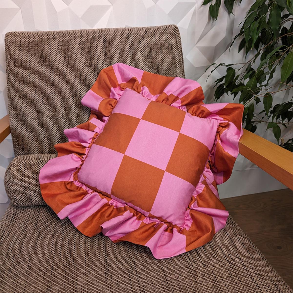 Pink / Purple / Yellow Hip To Be Square Checkerboard Ruffle Cushion Weirdstock – image 2