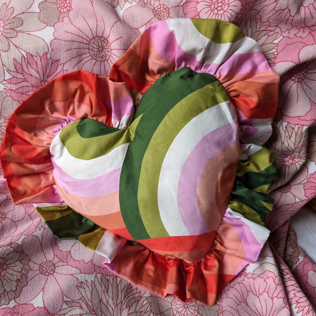 Green / Pink / Purple Young Hearts Ruffle Cushion In Groove Inn Weirdstock – image 3