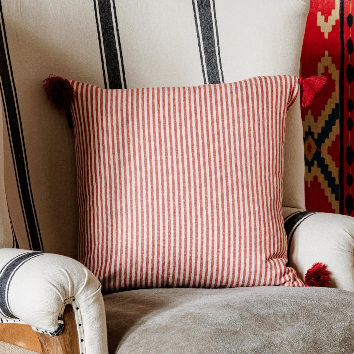 White / Red Rhubarb Stripe Linen Cushion By Mindthegap – image 2