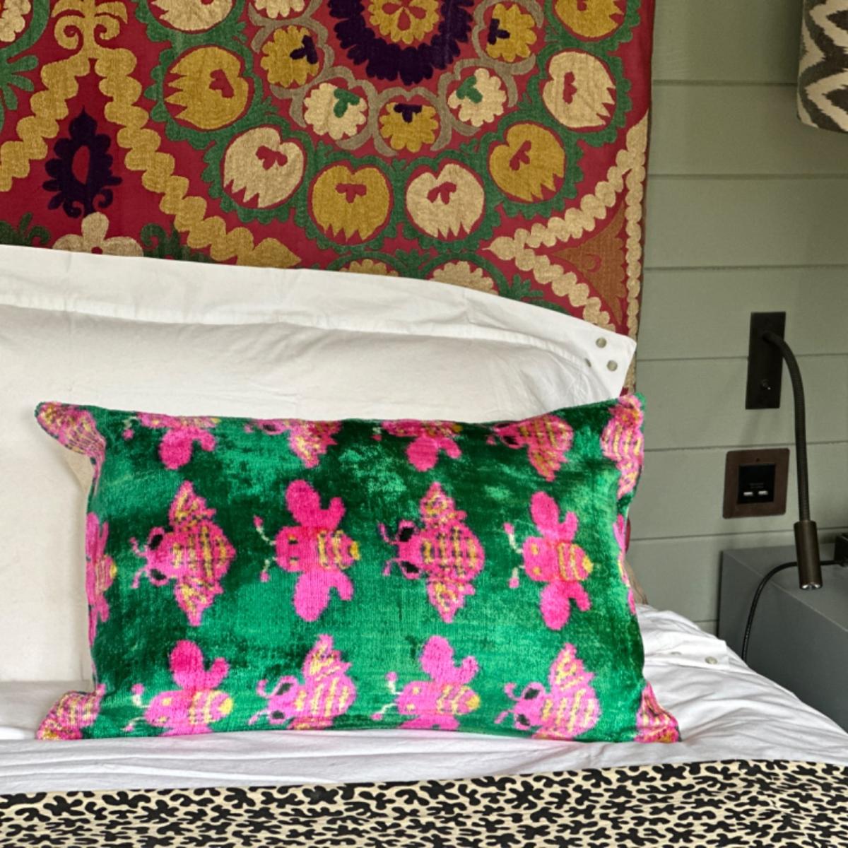Green Beautiful Velvet Ikat Bee Cushion Punica – image 4