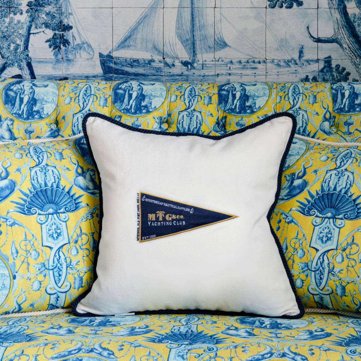 Gold / Blue / White Mtg Yachting Club Linen Embroidered Cushion By Mindthegap – image 3
