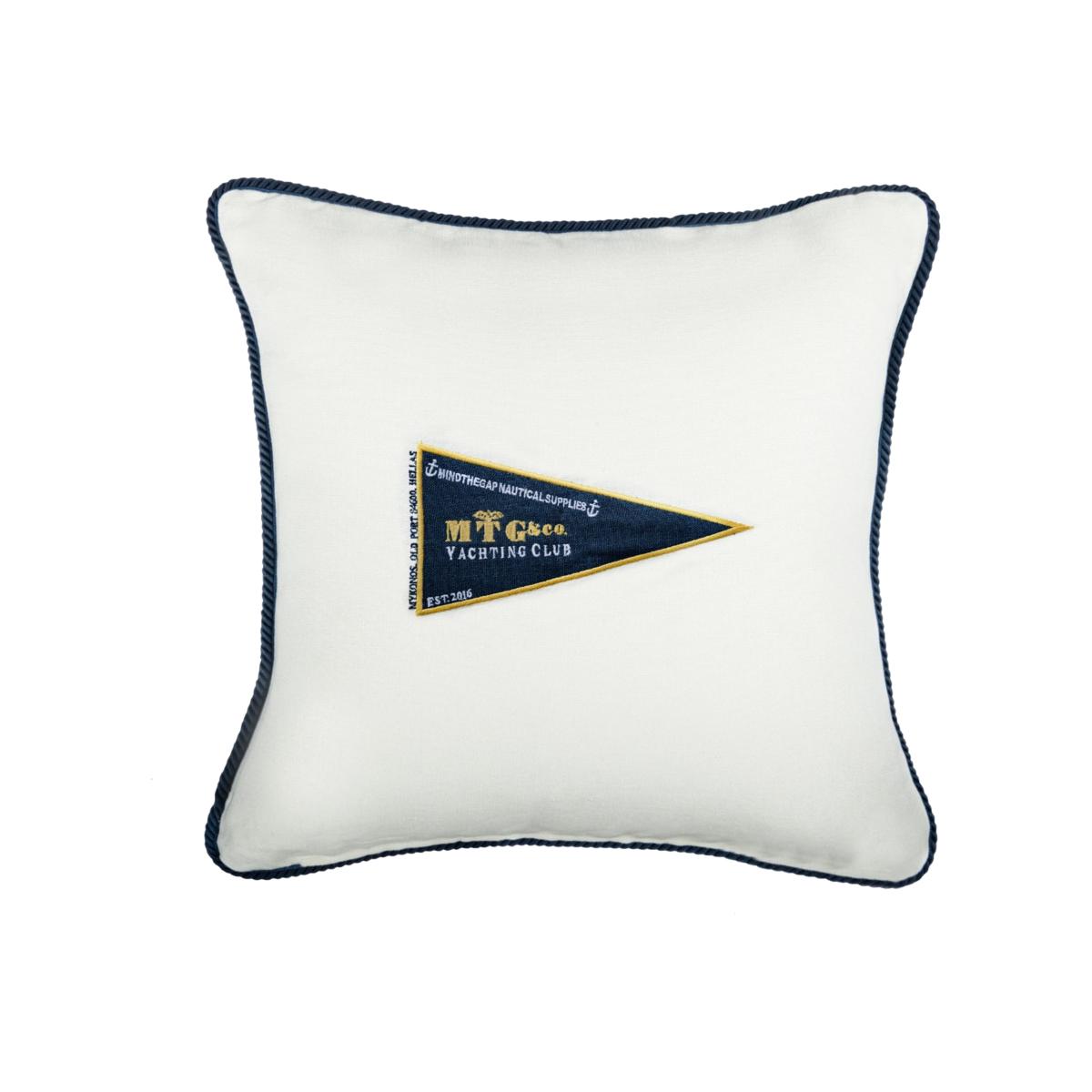 Gold / Blue / White Mtg Yachting Club Linen Embroidered Cushion By Mindthegap – image 1